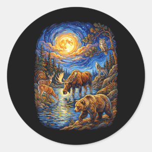 Impressionist Wildlife Forest Animals Bear Moose Classic Round Sticker