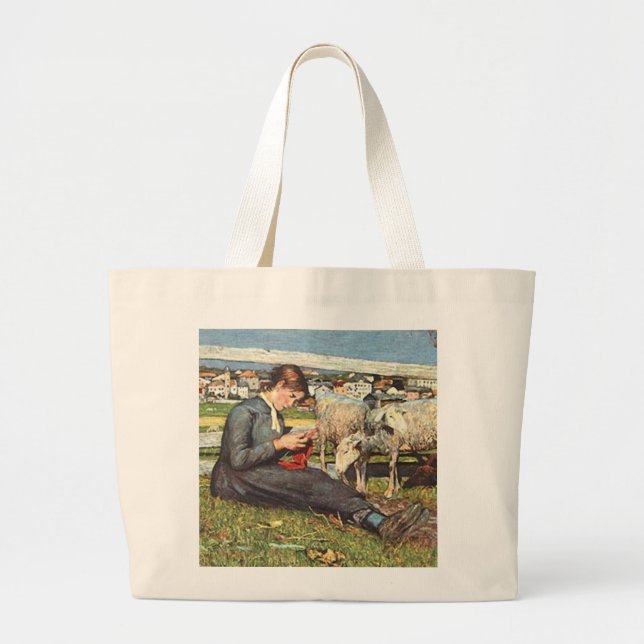 Impressionist Woman Knitting Large Tote Bag (Front)