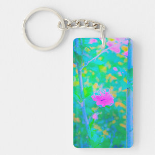 Impressionistic Blue Landscape with Pink Flower Key Ring