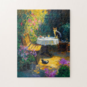 Impressionistic Cats Playing in Garden corner Jigsaw Puzzle