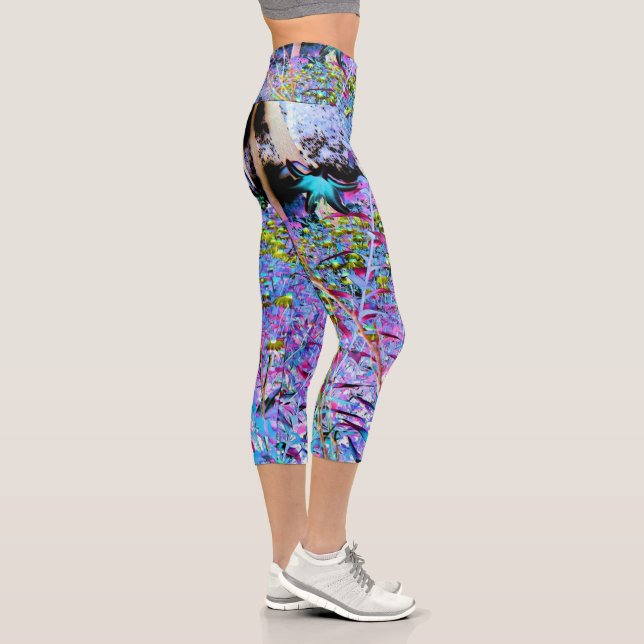 Impressionistic Chartreuse and Aqua Garden Flowers Capri Leggings (Right)