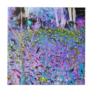 Impressionistic Chartreuse and Aqua Garden Flowers Ceramic Tile