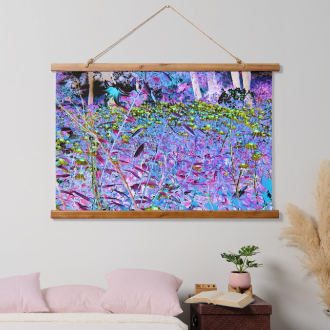 Impressionistic Chartreuse and Aqua Garden Flowers Hanging Tapestry (Bedroom)