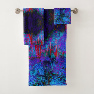 Impressionistic Dark Blue and Red Garden Landscape Bath Towel Set