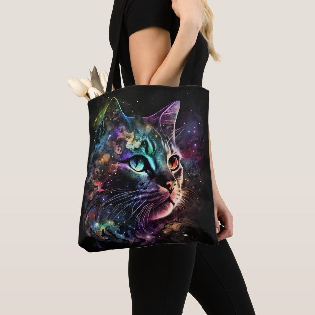 IMPRESSIONISTIC DARK GALAXY CAT WITH STARS TOTE BAG (Close Up)