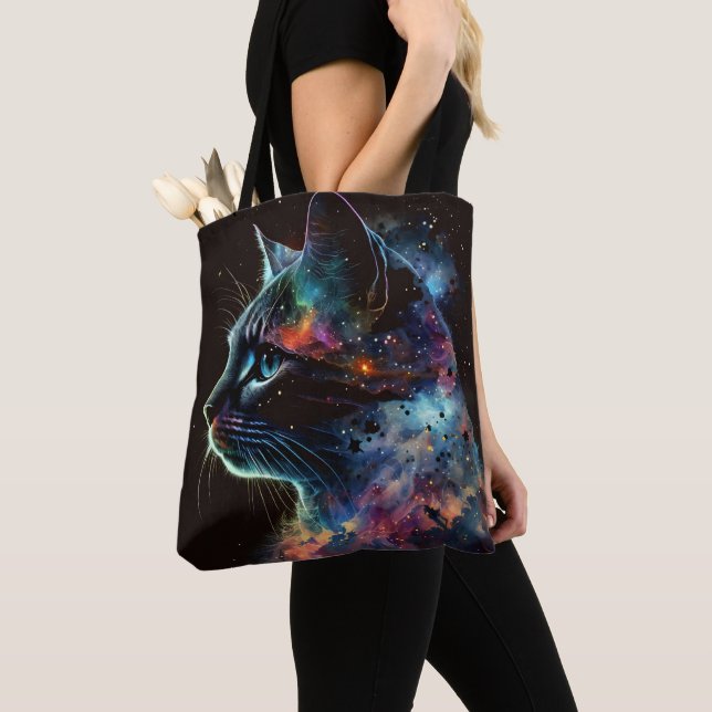 IMPRESSIONISTIC DARK GALAXY CAT WITH STARS TOTE BAG (Close Up)