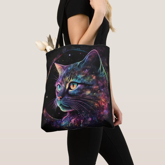 IMPRESSIONISTIC DARK GALAXY CAT WITH STARS TOTE BAG (Close Up)