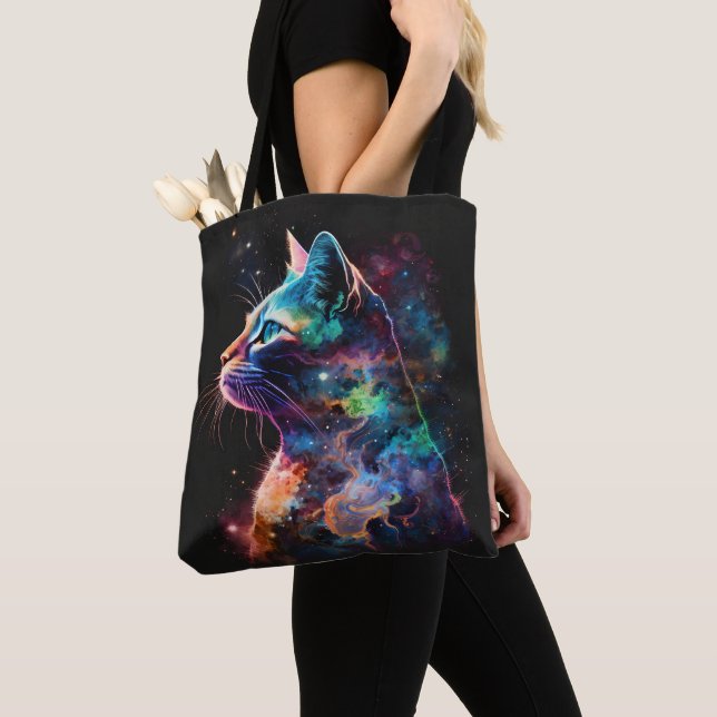 IMPRESSIONISTIC DARK GALAXY CAT WITH STARS TOTE BAG (Close Up)