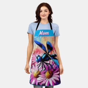 Impressionistic Dragonfly On Pink Daisies Floral Apron