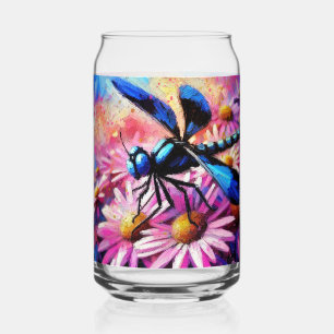 Impressionistic Dragonfly On Pink Daisies Floral Can Glass