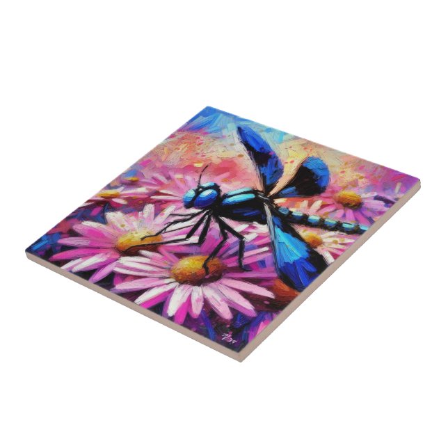 Impressionistic Dragonfly On Pink Daisies Floral Ceramic Tile (Side)