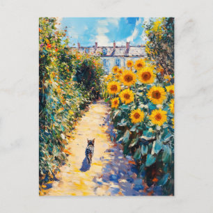 Impressionistic Oil Painting of Cat in Garden Postcard