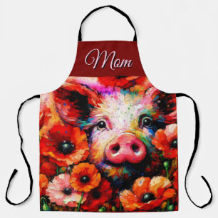 Impressionistic Pig in Red Poppy Flowers Apron