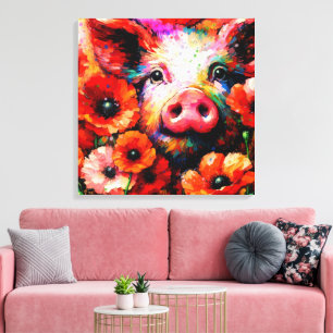 Impressionistic Pig in Red Poppy Flowers Canvas Print