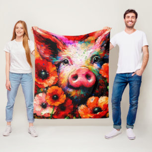 Impressionistic Pig in Red Poppy Flowers Fleece Blanket