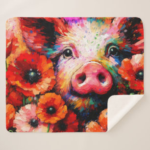 Impressionistic Pig in Red Poppy Flowers Sherpa Blanket