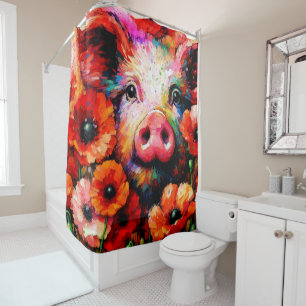 Impressionistic Pig in Red Poppy Flowers Shower Curtain