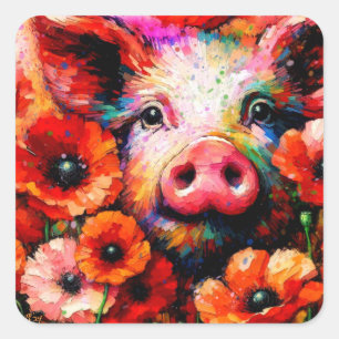 Impressionistic Pig in Red Poppy Flowers Square Sticker