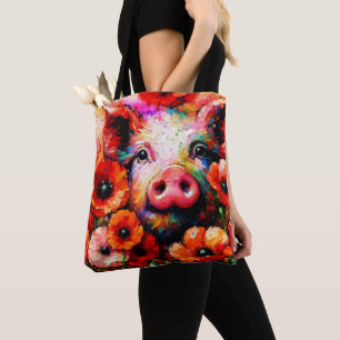 Impressionistic Pig in Red Poppy Flowers Tote Bag