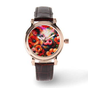 Impressionistic Pig in Red Poppy Flowers Watch