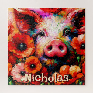 Impressionistic Pig Red Poppy Flowers Personalised Jigsaw Puzzle