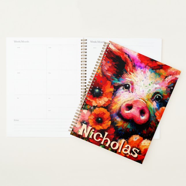 Impressionistic Pig Red Poppy Flowers Personalised Planner (Display)