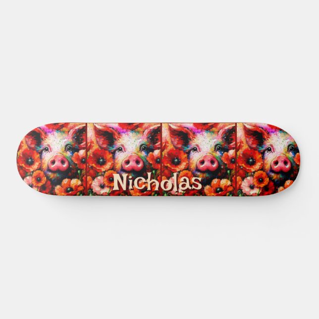Impressionistic Pig Red Poppy Flowers Personalised Skateboard (Horz)