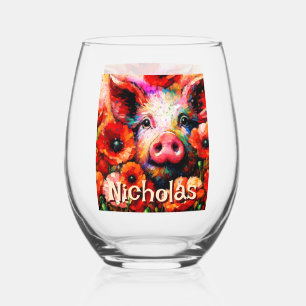 Impressionistic Pig Red Poppy Flowers Personalised Stemless Wine Glass