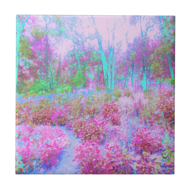 Impressionistic Pink and Turquoise Abstract Garden Ceramic Tile (Front)