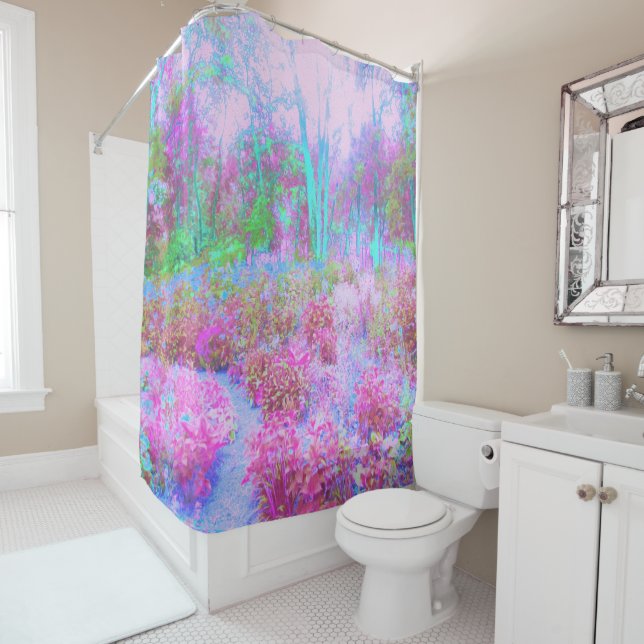 Impressionistic Pink and Turquoise Abstract Garden Shower Curtain (In Situ)