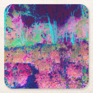 Impressionistic Purple and Hot Pink Landscape Square Paper Coaster