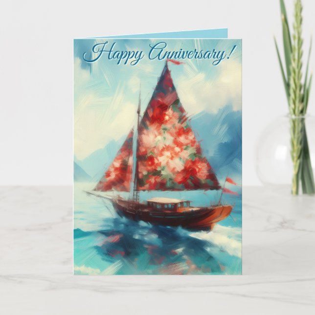 Impressionistic Romantic Sailboat Anniversary Card (Front)