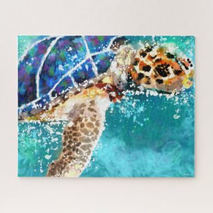 Impressionistic Sea Turtle Tropical Nautical Teal  Jigsaw Puzzle