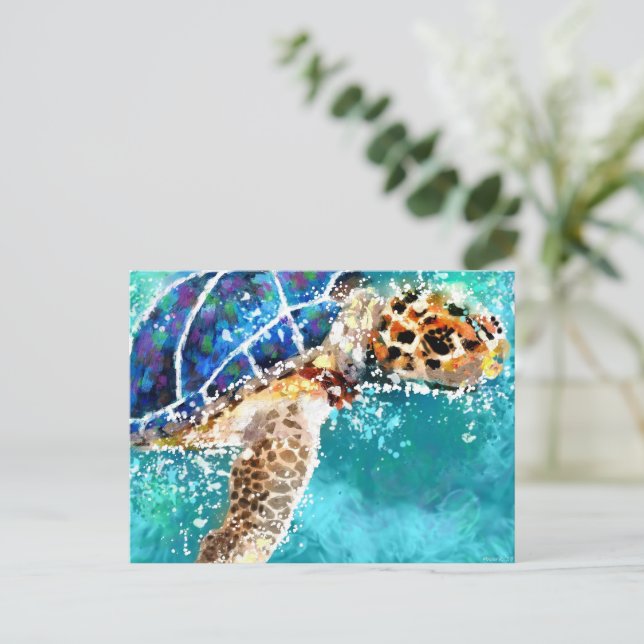 Impressionistic Sea Turtle Tropical Nautical Teal  Postcard (Standing Front)