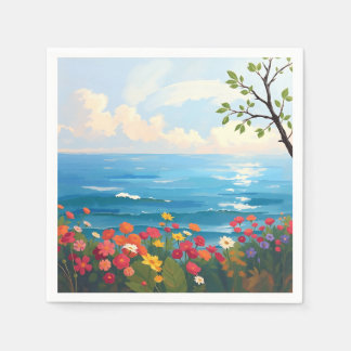 Impressionistic Seascape with Blooming Garden Napkin