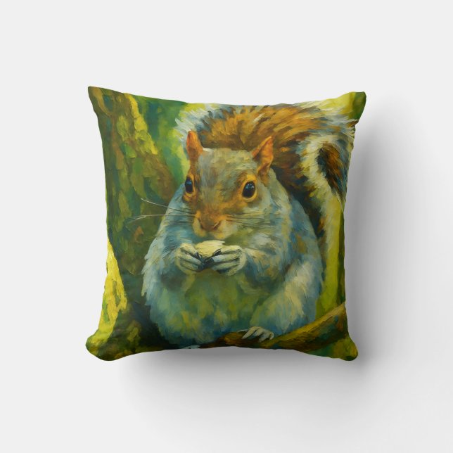 Impressionistic Squirrel in Forest Foliage Cushion (Front)