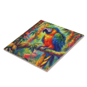 Impressionistic Tropical Parrot Bird Blue Green Ceramic Tile