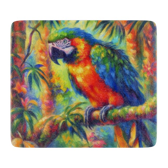 Impressionistic Tropical Parrot Bird Blue Green Cutting Board (Front)