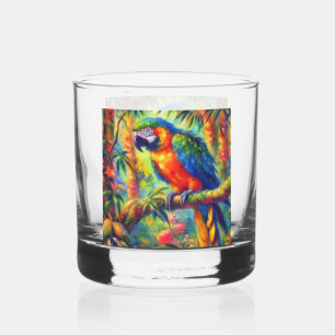 Impressionistic Tropical Parrot Bird Blue Green Whiskey Glass
