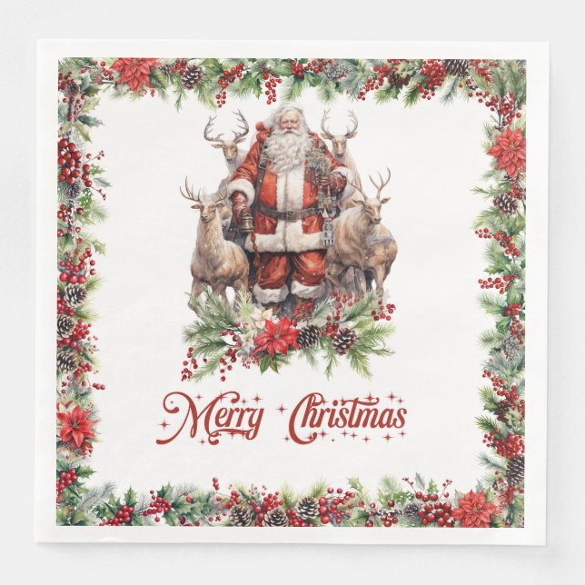 Impressive illustration Santa with his reindeer Napkin (Front)