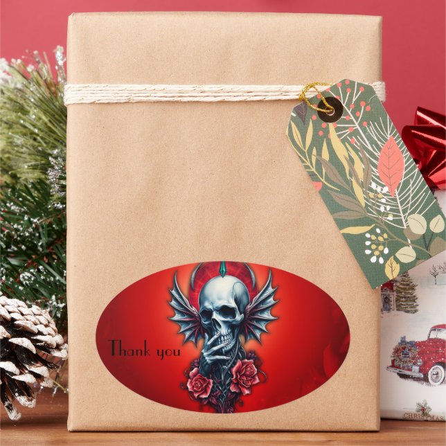 Impressive, realistic skull with wings  oval sticker (Holiday)