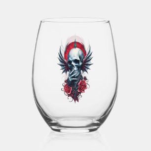 Impressive, realistic skull with wings  stemless wine glass