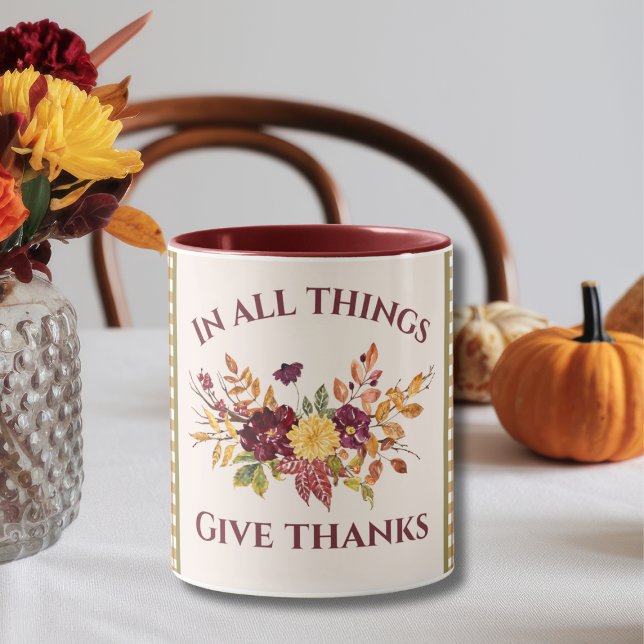 In All Things Give Thanks Burgundy Gold Damask Mug (Creator Uploaded)