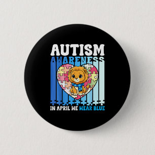 In April We Wear Blue Autism Awareness Lion Puzzle 6 Cm Round Badge