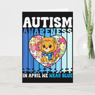 In April We Wear Blue Autism Awareness Lion Puzzle Card