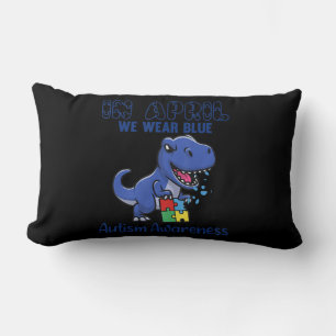 In April We Wear Blue Autism Awareness Month Dinos Lumbar Cushion