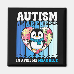 In April We Wear Blue Autism Awareness Penguin Puz Magnet