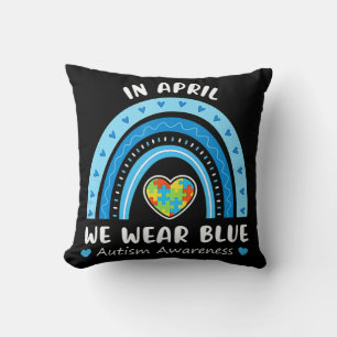 In April We Wear Blue Rainbow Autism Awareness Puz Cushion