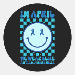 In April We Wear Blue Retro Groovy Autism Awarenes Classic Round Sticker