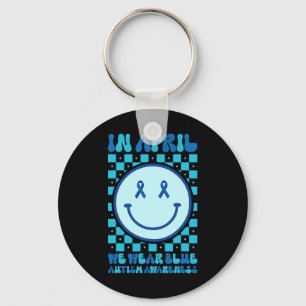 In April We Wear Blue Retro Groovy Autism Awarenes Key Ring